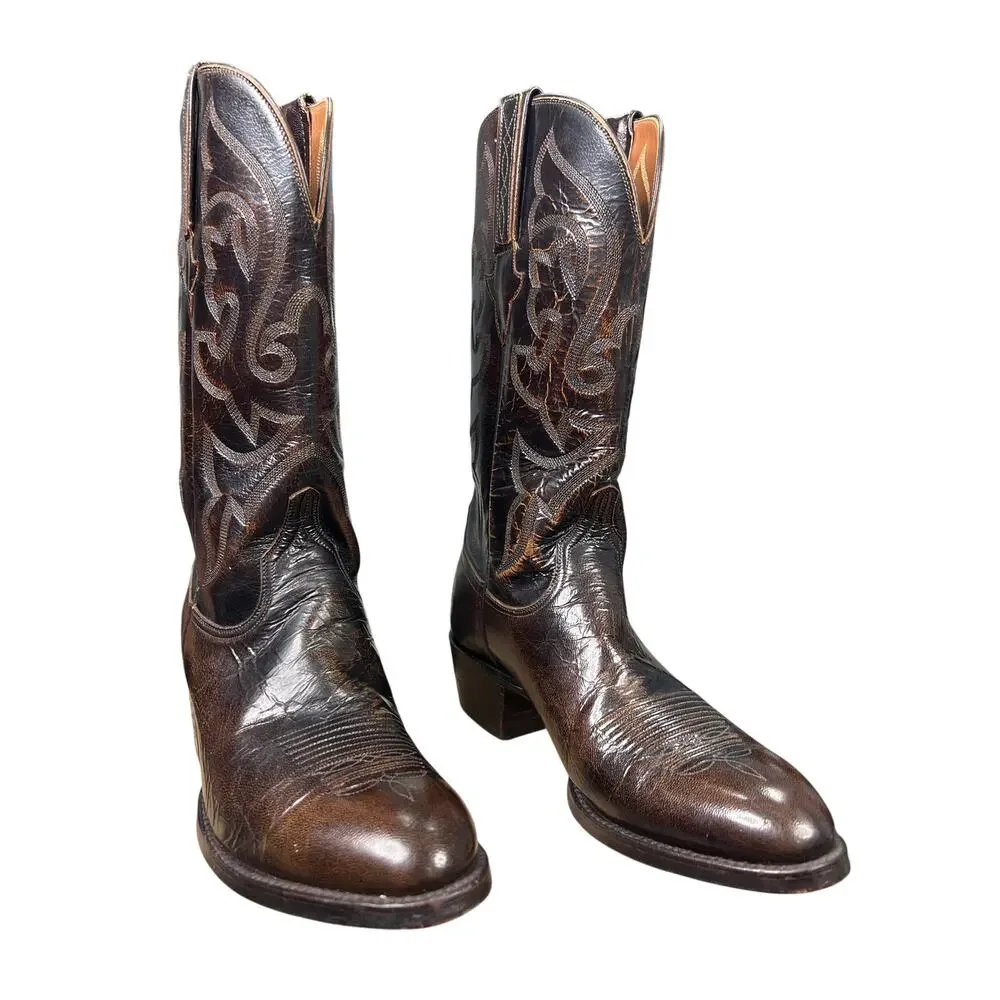 Vintage Lucchese Men’s Brown Leather Glossy Cowboy Boot Size US 8.5 D